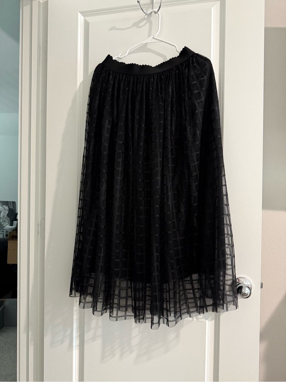 SHEIN Black Sheer Mesh Windowpane Midi Skirt Sz M